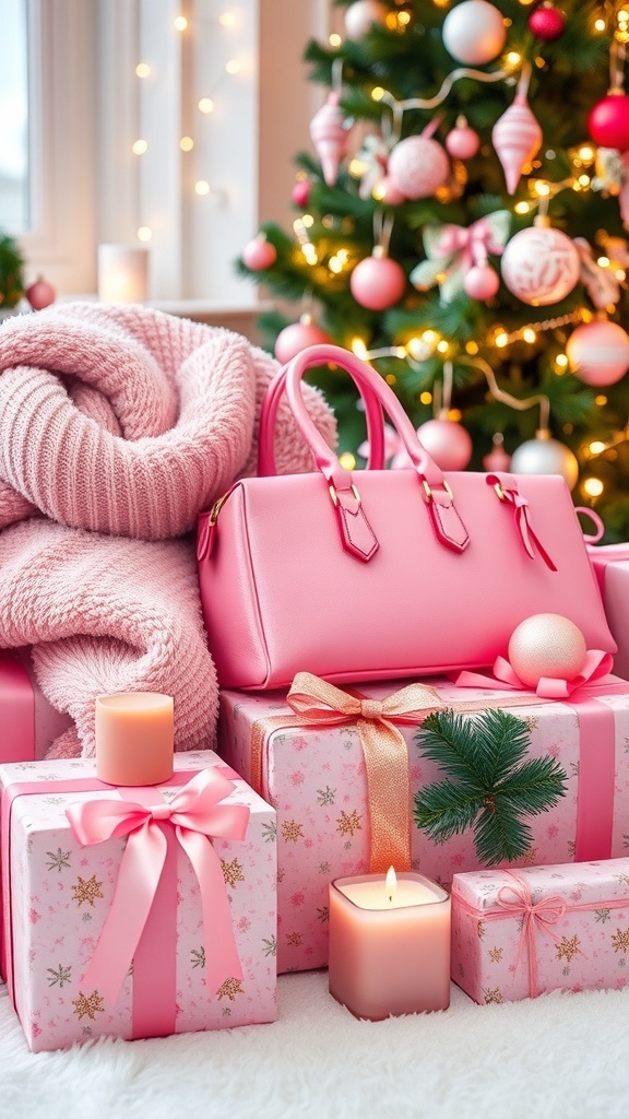 A collection of pink Christmas gifts including a blanket, handbag, and candles, wrapped in festive paper.